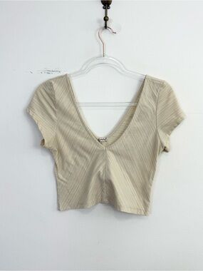 Free People Intimately Cream Ribbed Deep V Crop Top M